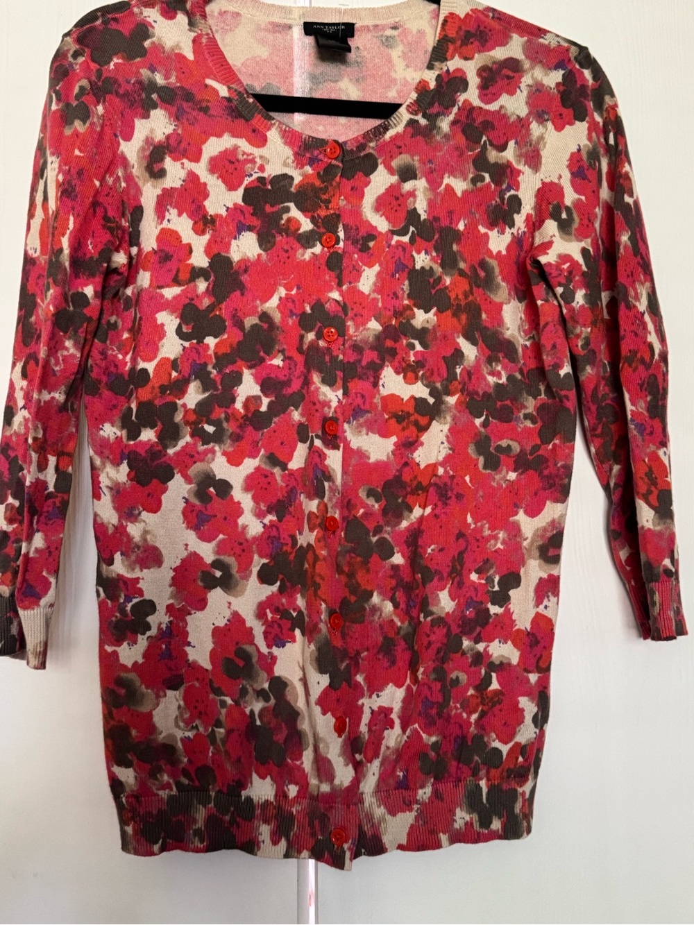 Ann Taylor Pink Red Floral Crewneck Button-Front Cardigan